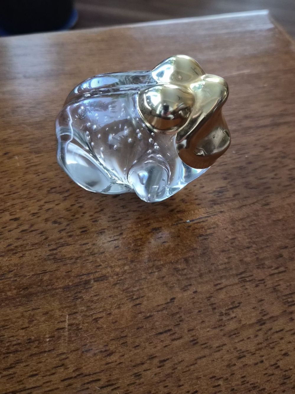 VTG Clear Glass Frog Figurine with Gold Accents and Floating Bubbles